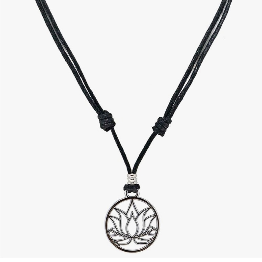 New Lotus Flower Silver Pendant Necklace with Black Adjustable Cord